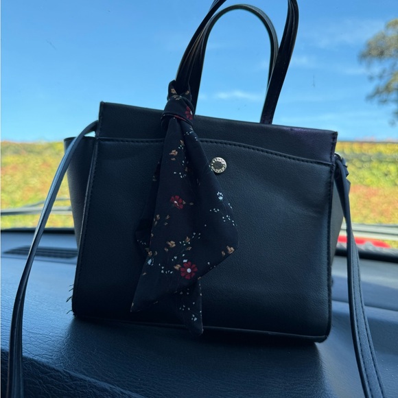 Handbags - Chic Black Satchel with Floral Scarf Accent